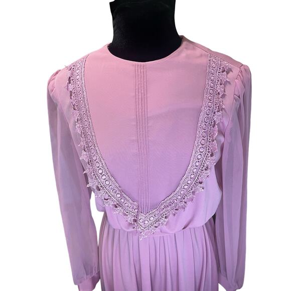 NWT Vintage 80s Amy Deb Mauve Pink Lace Chiffon Belted Dress 16 XLarge Cottage - Picture 5 of 6